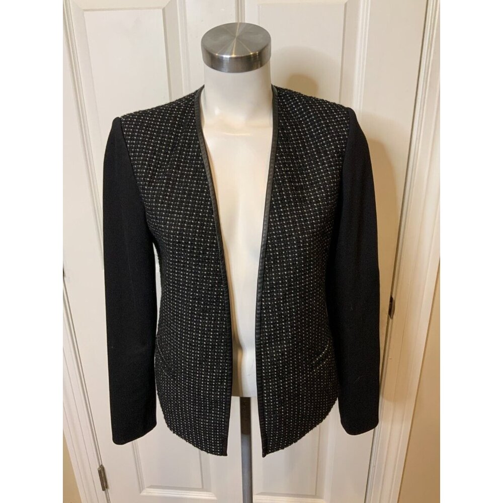 Theory Black White Tweed Open Front Jacket Size 6